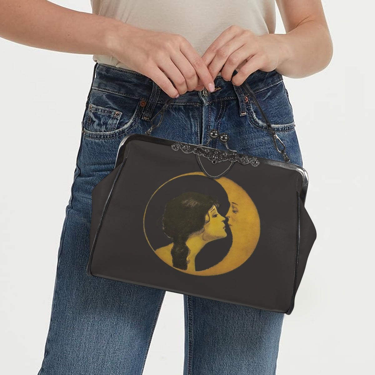 Celestial Woman & Moon Kisslock Handbag – Mystical Vintage Crossbody Purse