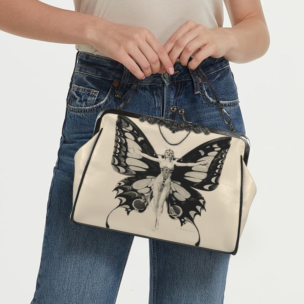 Vintage Butterfly Kisslock Handbag – Dark Botanical Crossbody Purse