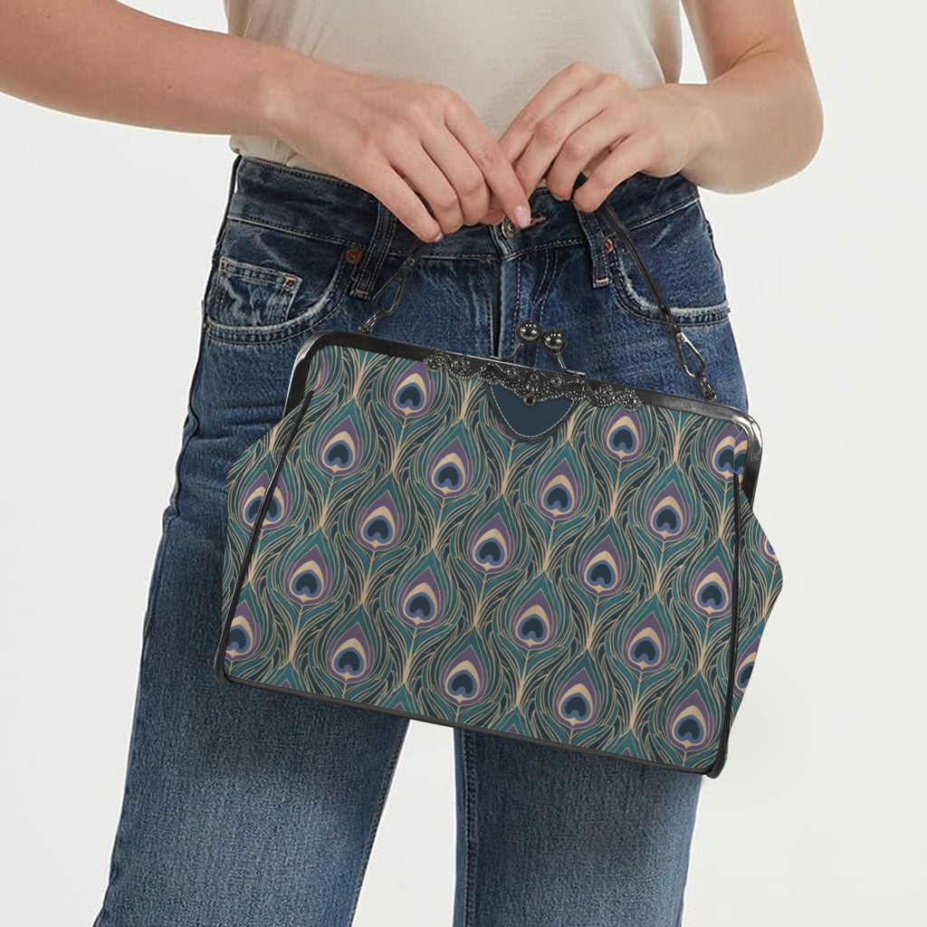 Art Deco Peacock Feather Kisslock Handbag – Teal Vintage Purse