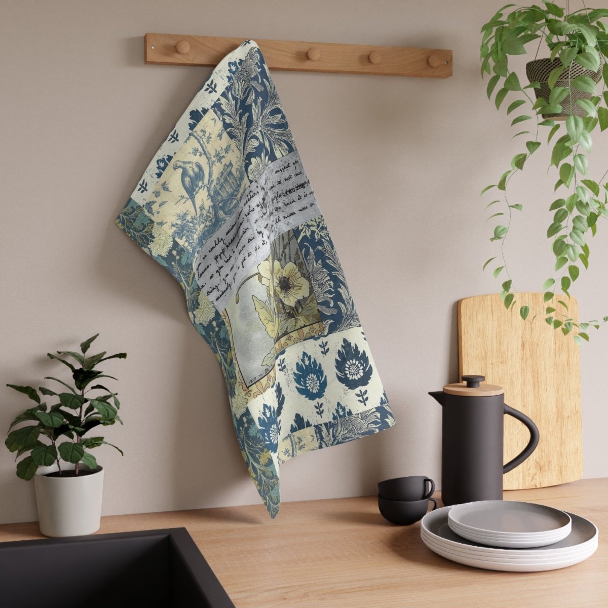 Vintage Floral Patchwork Tea Towel – Blue Botanical Kitchen Linen - DesignBohemian