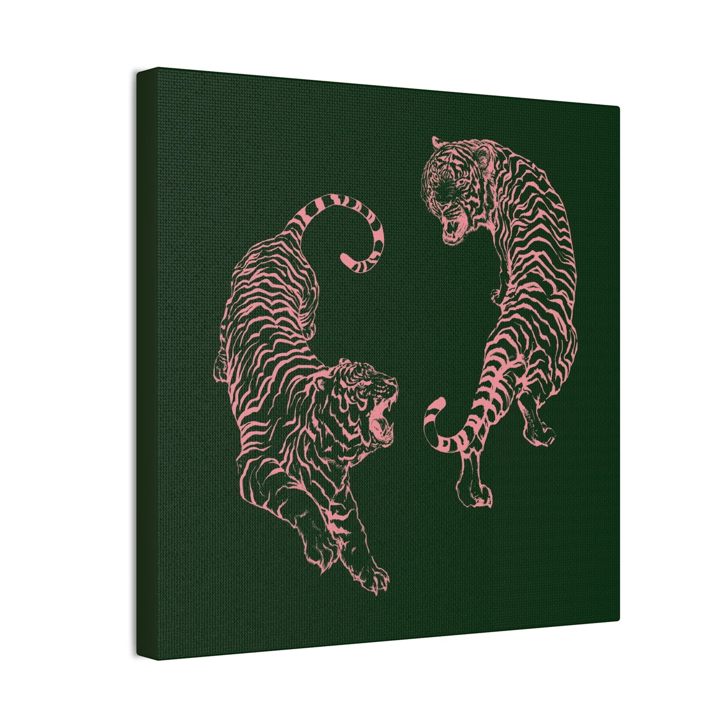 Pink Tigers Canvas Art - Dark Green and Pink Japanese Tigers - Wrapped Canvas Art