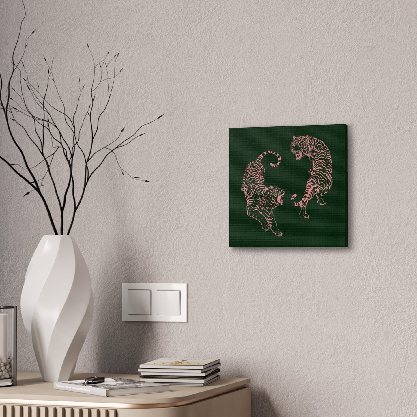 Pink Tigers Canvas Art - Dark Green and Pink Japanese Tigers - Wrapped Canvas Art