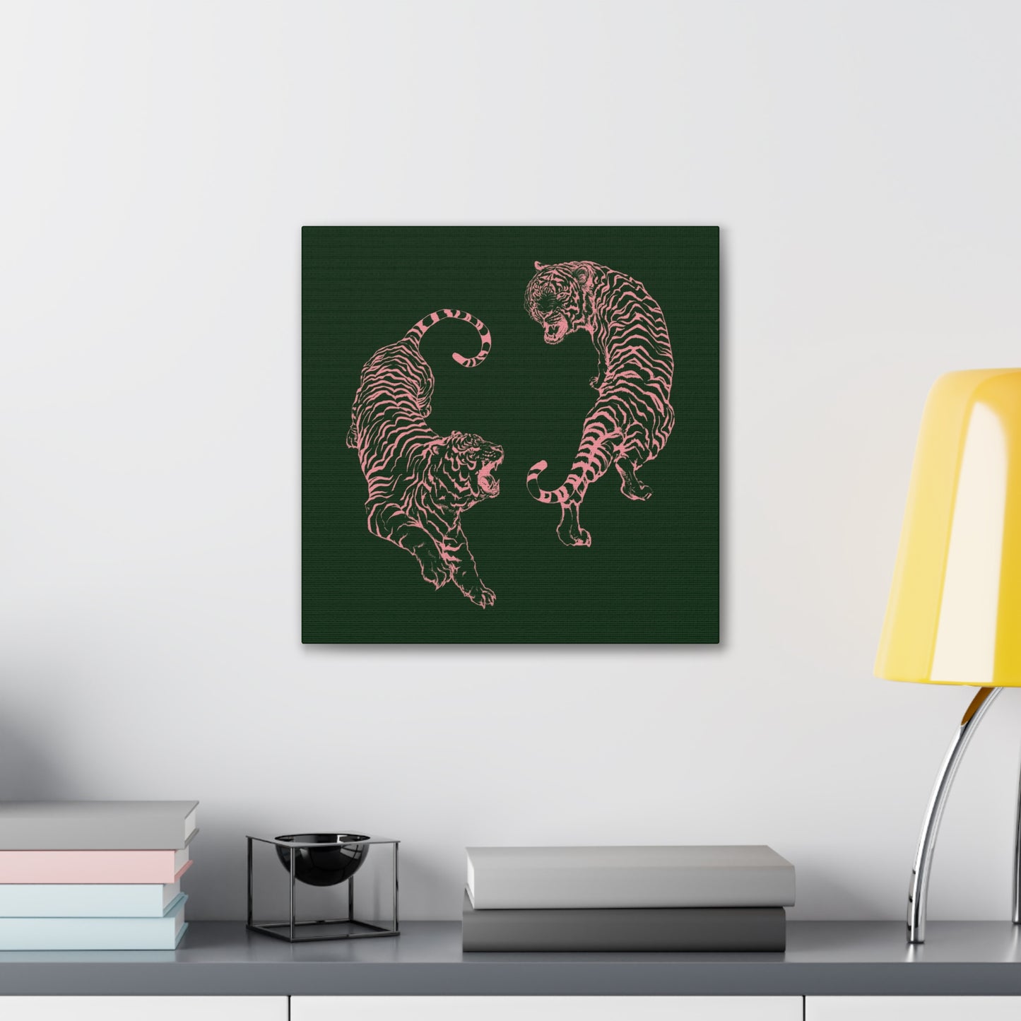 Pink Tigers Canvas Art - Dark Green and Pink Japanese Tigers - Wrapped Canvas Art