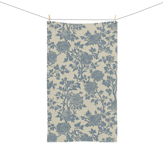 Blue Vintage Floral Hand Towel | Toile-Inspired Botanical Pattern