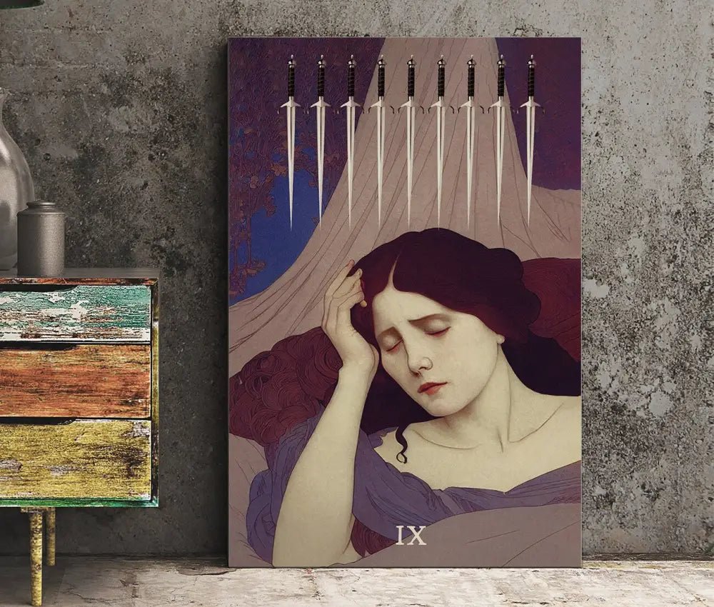 9 Of Swords Tarot Card Print From Green Menagerie Deck Unframed Poster For Stylish Mystic Home Decor by My Store