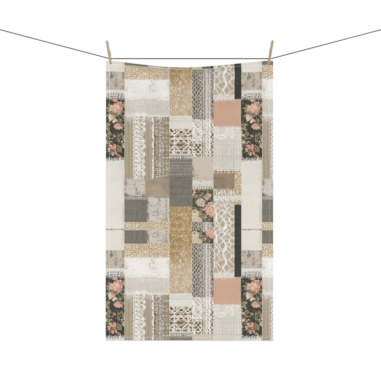 Vintage Patchwork Floral Tea Towel — Neutral Cottage Kitchen Linen - Cotton Twill