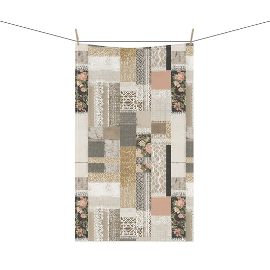 Vintage Patchwork Floral Tea Towel — Neutral Cottage Kitchen Linen - Cotton Twill