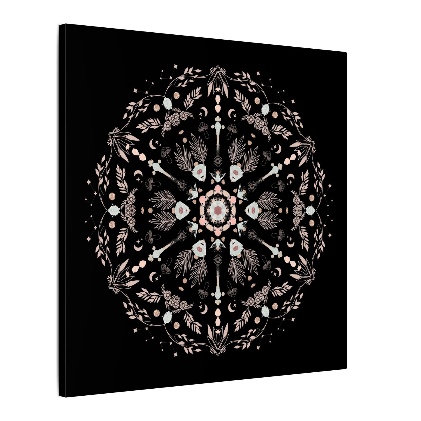Black and Pink Botanical Mandala Canvas Art Print, Wall Decor, Home Accents, Nature Inspired, Meditation Space Decor