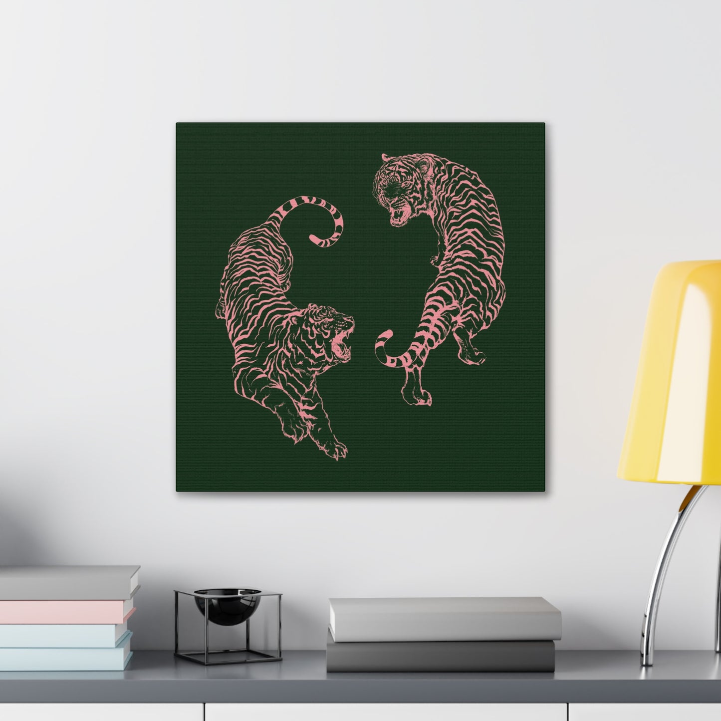 Pink Tigers Canvas Art - Dark Green and Pink Japanese Tigers - Wrapped Canvas Art