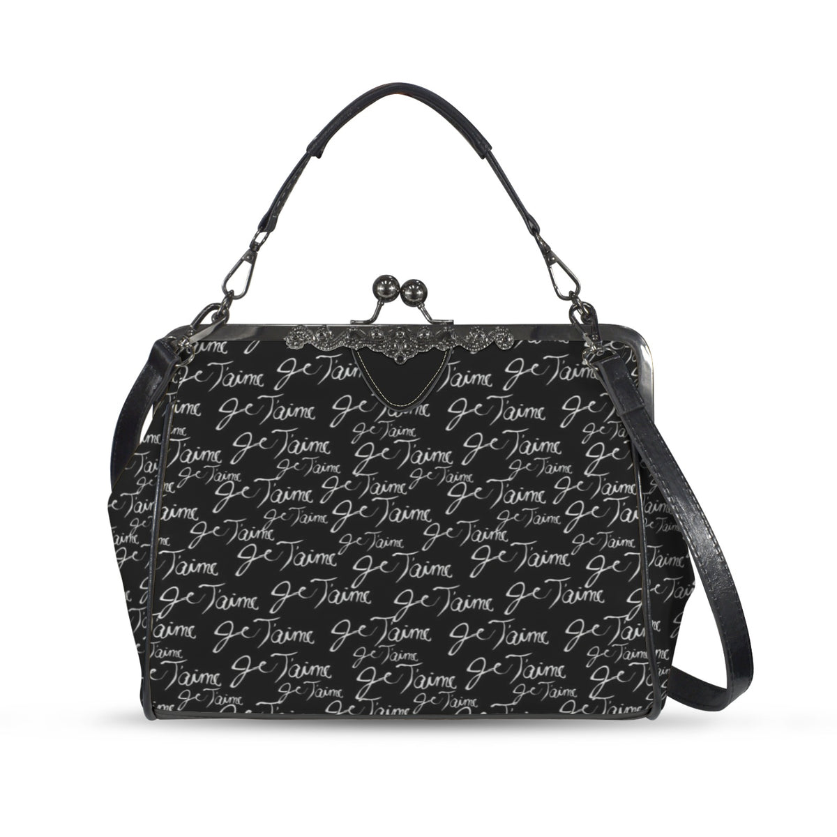 Je T’aime Kisslock Handbag – Black French Script Crossbody Purse