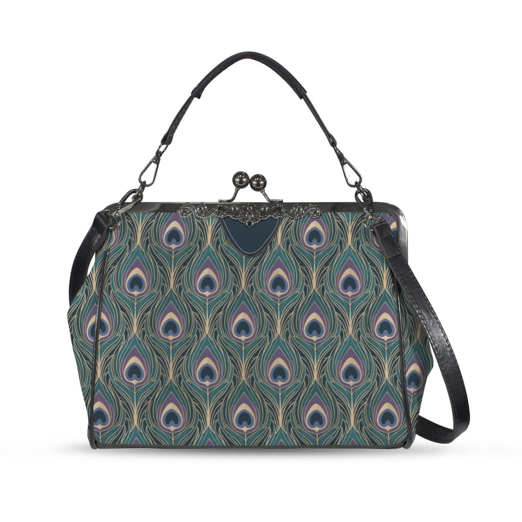 Art Deco Peacock Feather Kisslock Handbag – Teal Vintage Purse