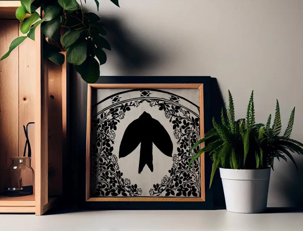 Art Nouveau Crow Print With Roses Black And White Goth Bohemian Wall Art Premium Edition by My Store