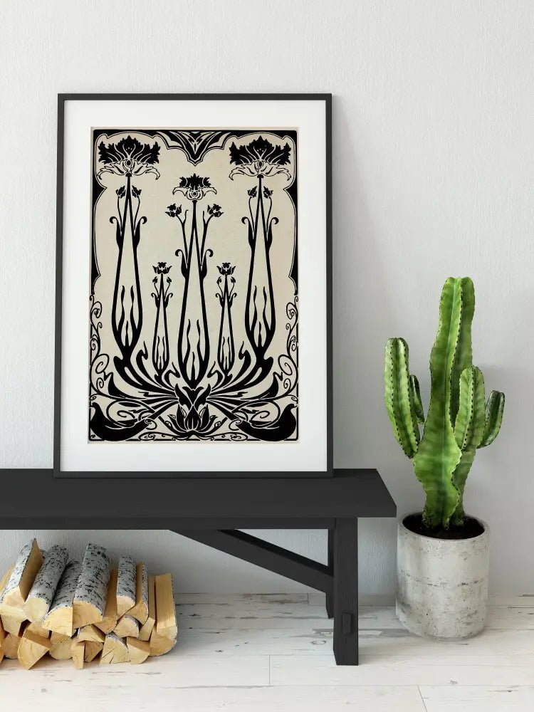 Art Nouveau Floral Poster Large Beige and Black Artwork Print With Archival Matte Finish by My Store