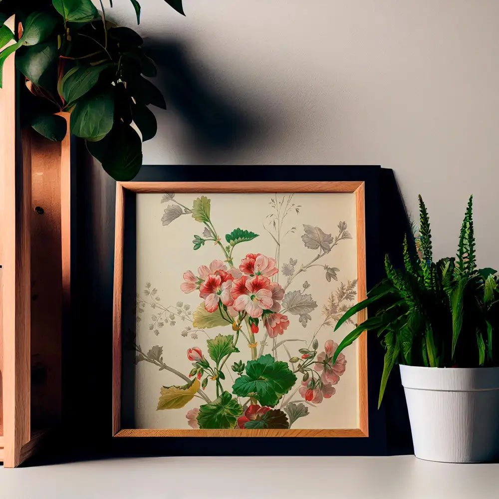 Art Nouveau Geraniums Painting Print On Premium Archival Matte Fine Art Paper 230 GSM Pink Green by DesignBohemian