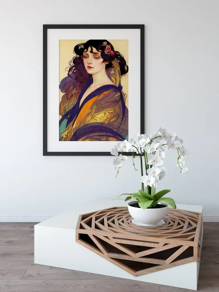 Art Nouveau Goddess Persephone Poster in Blue and Yellow by My Store