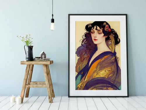 Art Nouveau Goddess Persephone Poster in Blue and Yellow by My Store