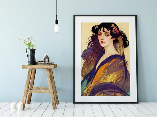 Art Nouveau Goddess Persephone Poster in Blue and Yellow by My Store