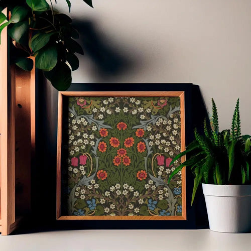 Art Nouveau Morris Floral Square Print Poster Vintage Green and Pink on Premium Archival Matte Paper by DesignBohemian