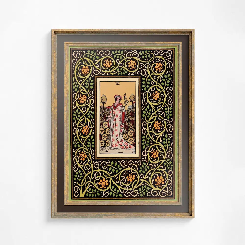 Art Nouveau Nine Of Pentacles Tarot Print Poster With Green And Yellow Floral Design by My Store