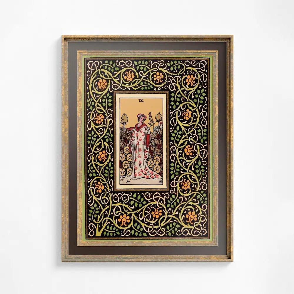 Art Nouveau Nine Of Pentacles Tarot Print Poster With Green And Yellow Floral Design by My Store