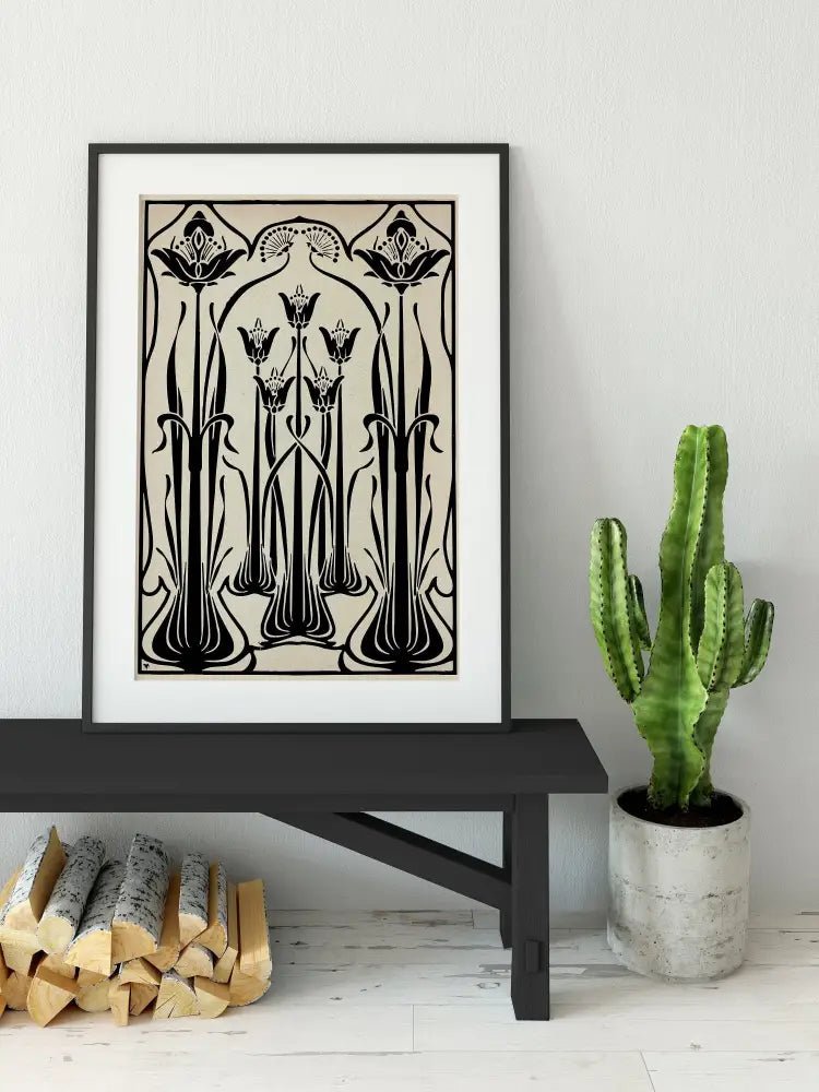 Art Nouveau Poster Large Ornamental Print Vintage Beige And Black by My Store