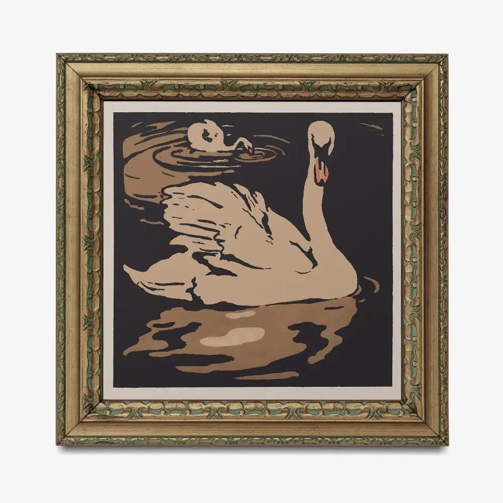 Art Nouveau Swans Art Print In Neutral Beige On Premium Archival Matte Paper For Elegant Vintage Wall Decor by DesignBohemian
