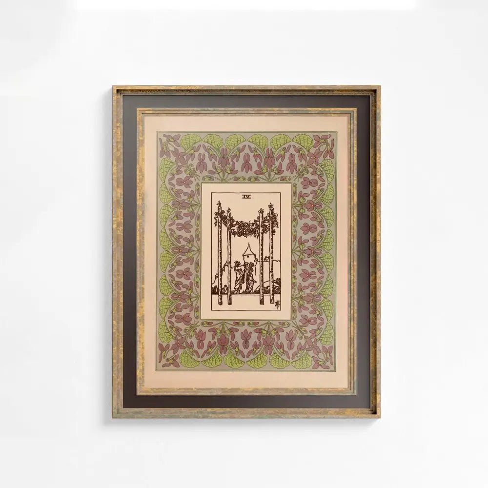 Art Nouveau Tarot Print 4 Of Wands Vintage Shabby Chic Purple Beige Poster Giclee Edition by DesignBohemian