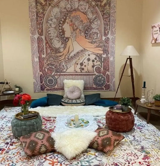 Art Nouveau Zodiac Tapestry Bohemian Wall Hanging Large Artwork Hippie Lady Mucha by DesignBohemian
