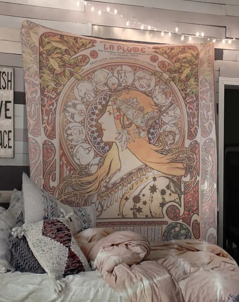 Art Nouveau Zodiac Tapestry Bohemian Wall Hanging Large Artwork Hippie Lady Mucha by DesignBohemian