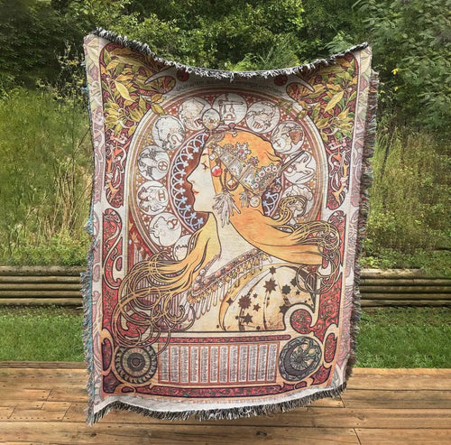 Art Nouveau Zodiac Woven Blanket: Mucha Style Bohemian Tapestry by DesignBohemian