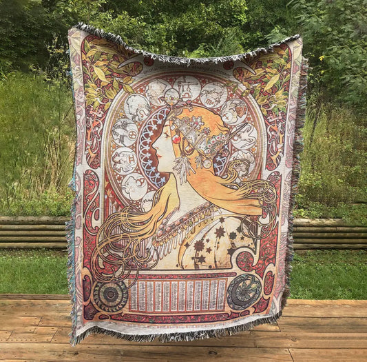 Art Nouveau Zodiac Woven Blanket: Mucha Style Bohemian Tapestry by DesignBohemian