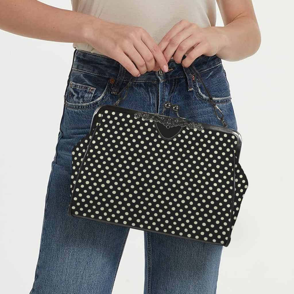 Midnight Confetti Kiss-lock Handbag – Black and Cream Polka Dot Purse
