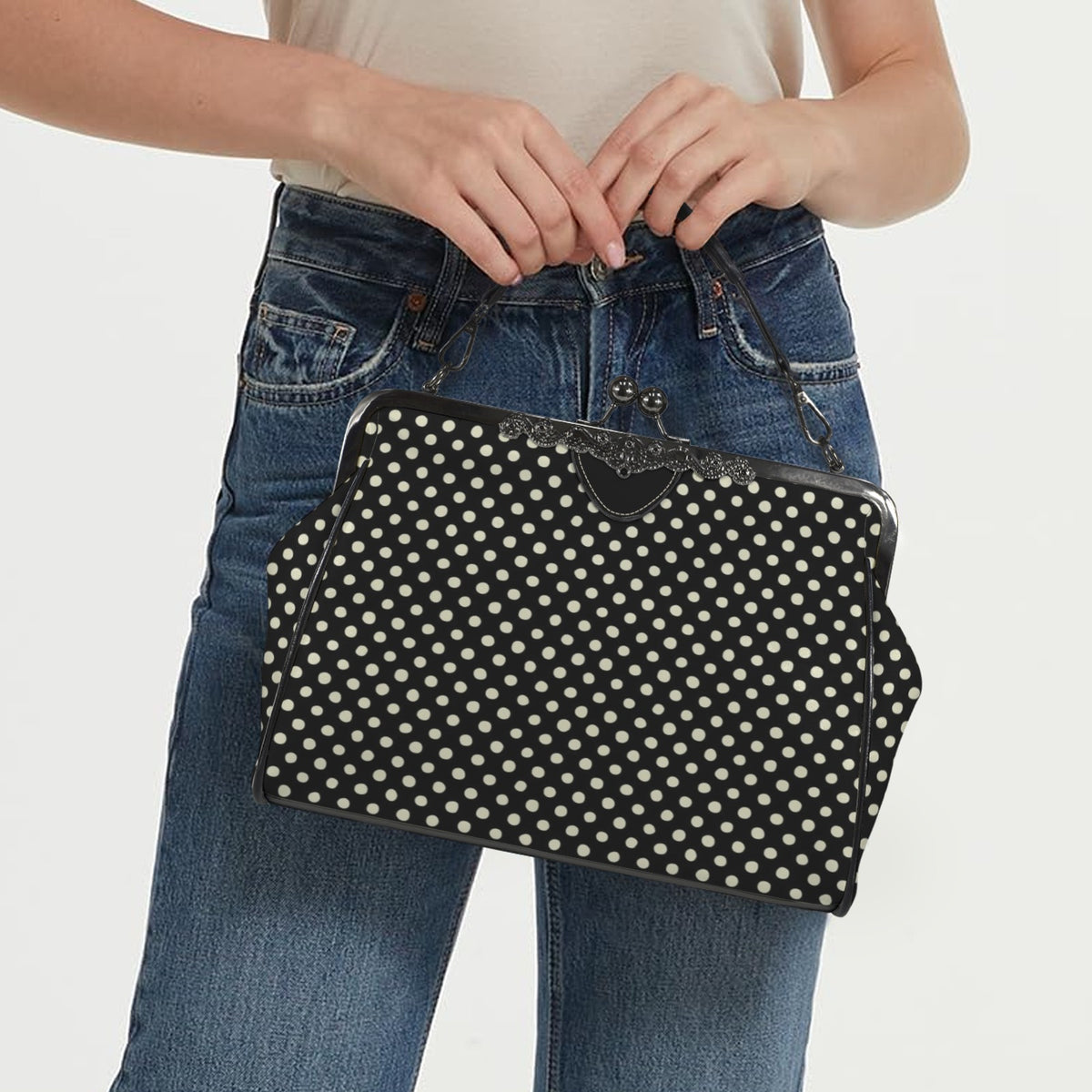Midnight Confetti Kiss-lock Handbag – Black and Cream Polka Dot Purse
