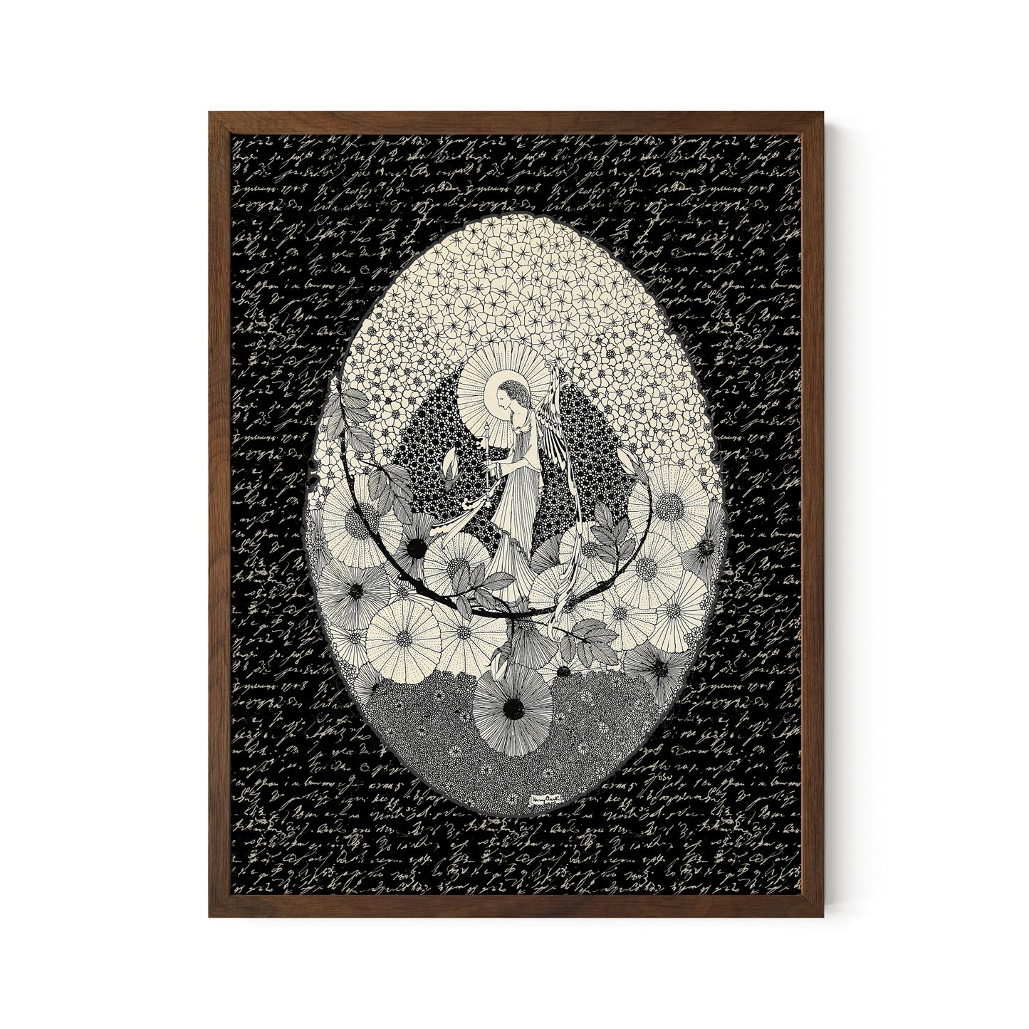Vintage Fairytale Print: Black and Beige Illustration - Vintage Poster - Framed