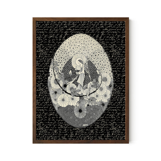 Vintage Fairytale Print: Black and Beige Illustration - Vintage Poster - Framed