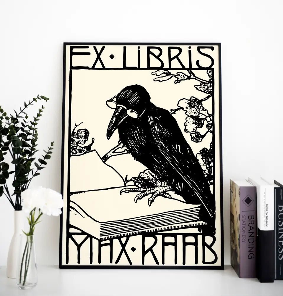 Bird Reading Vintage Ex Libris Crow Art Nouveau Print Premium Archival Quality Poster by My Store