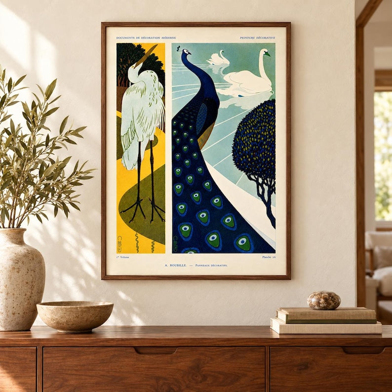 Art Nouveau Bird Print – Peacock, Swan and Heron