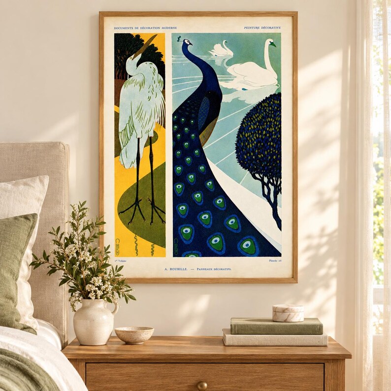 Art Nouveau Bird Print – Peacock, Swan and Heron