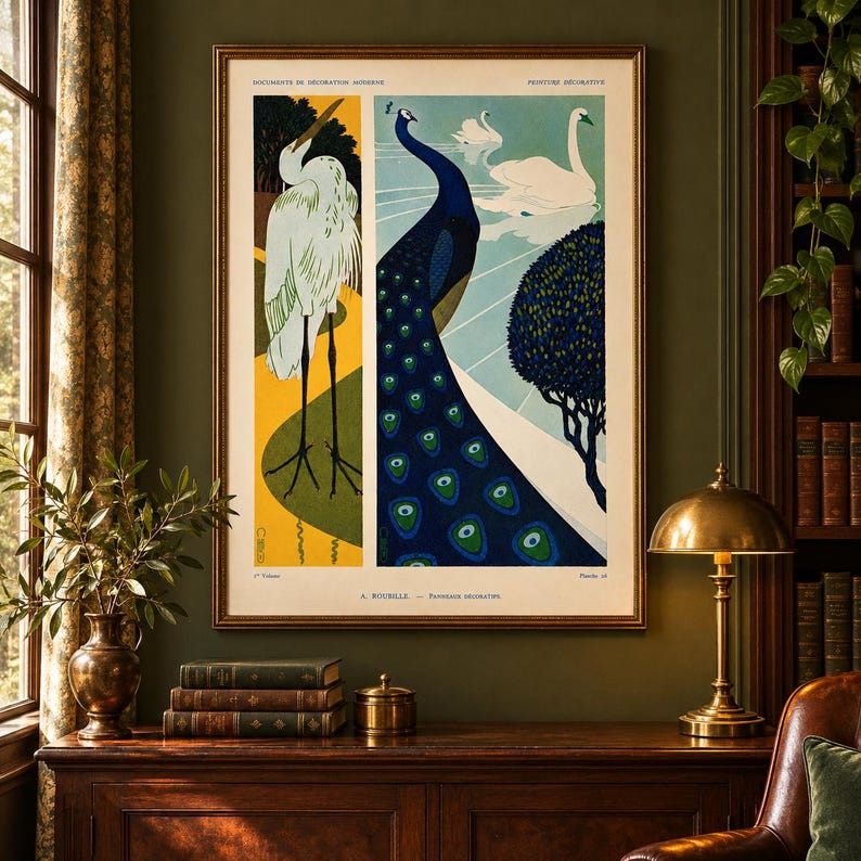 Art Nouveau Bird Print – Peacock, Swan and Heron