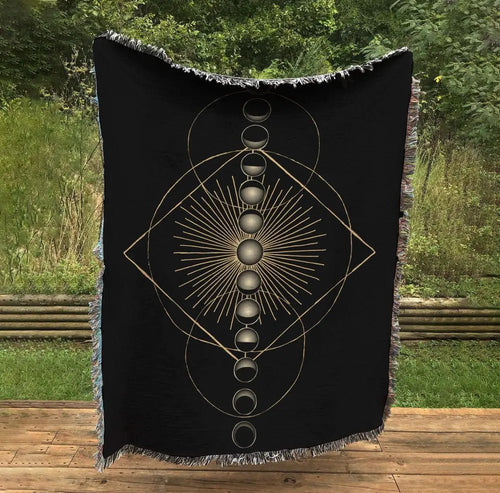 Black and Gold Woven Moon Tapestry - Geometric - Cotton Throw - Jacquard Woven by DesignBohemian