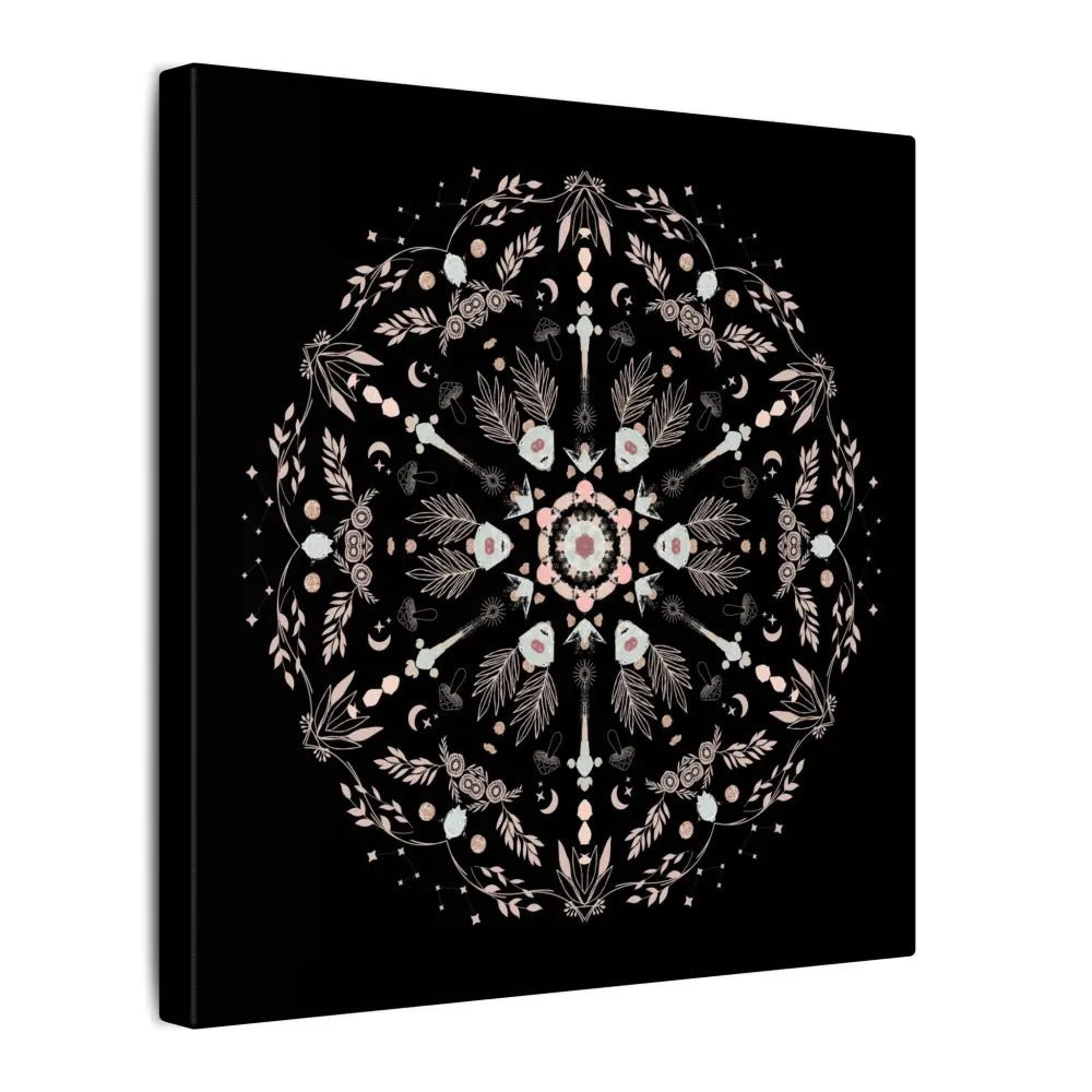 Black and Pink Botanical Mandala Canvas Art Print, Wall Decor, Home Accents, Nature Inspired, Meditation Space Decor - DesignBohemian