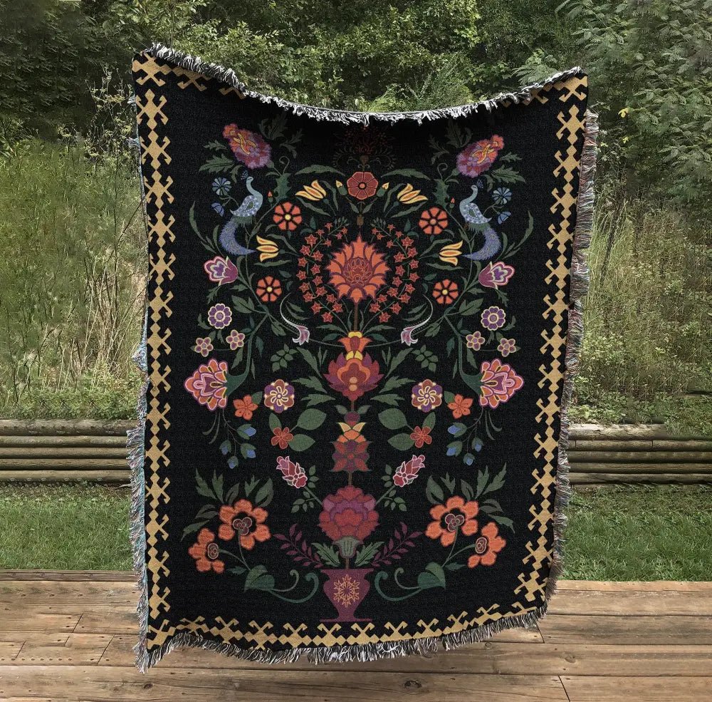 Black Floral Woven Throw Blanket: Vintage Bohemian Tapestry by DesignBohemian