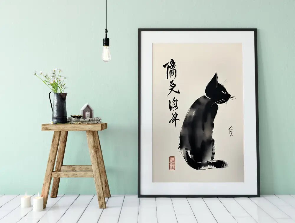 Black Japanese Cat Painting Art Print With Elegant Minimalist Style For Modern Homes by My Store