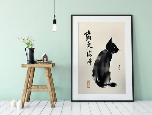 Black Japanese Cat Painting Art Print With Elegant Minimalist Style For Modern Homes by My Store