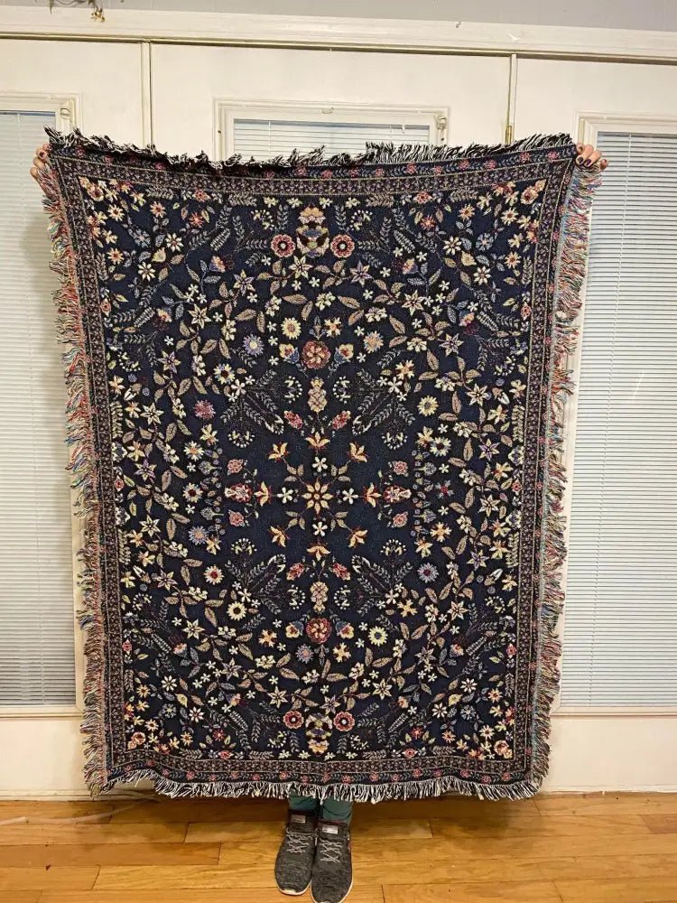 Blue Floral Tapestry Blanket: Woven Cotton Bohemian Throw by DesignBohemian