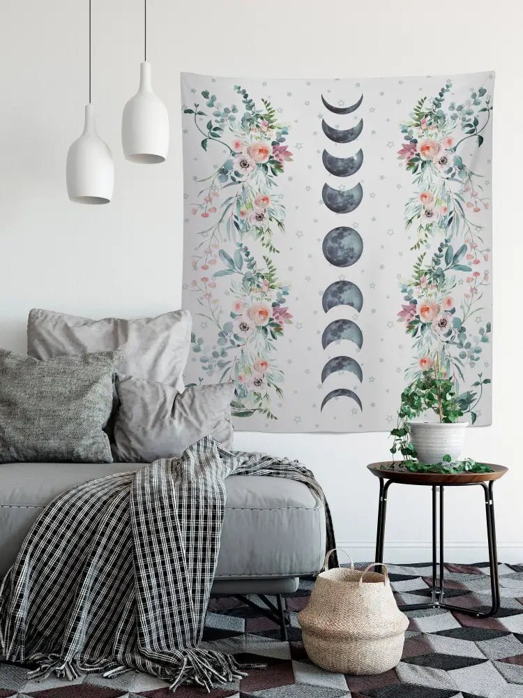 Blue Moon Phases Tapestry - Floral Alchemy Gothic Meditation Hippie Wall Hanging by DesignBohemian