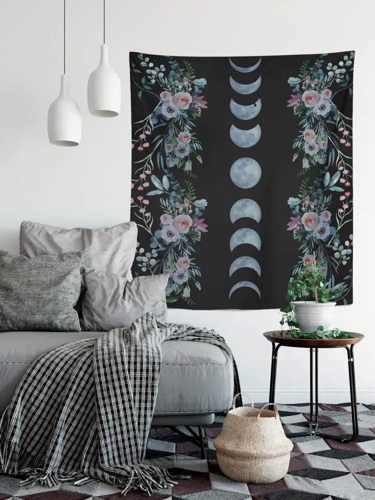 Blue Moon Phases Tapestry - Floral Alchemy Gothic Meditation Hippie Wall Hanging by DesignBohemian