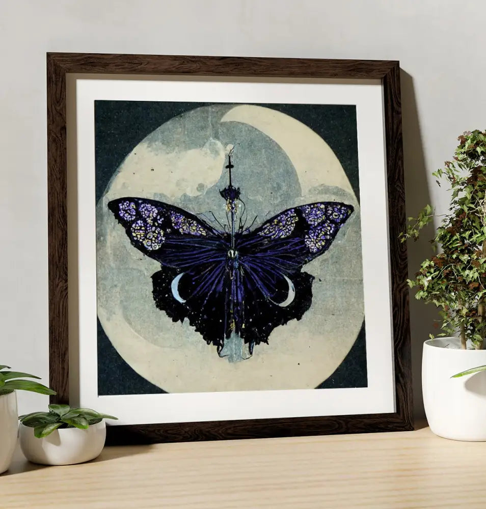 Butterfly Moon Painting Print Purple White Moths Mandala Square by My Store