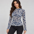 Blue & White Botanical Mesh Top Vintage Floral Long Sleeve Sheer Shirt