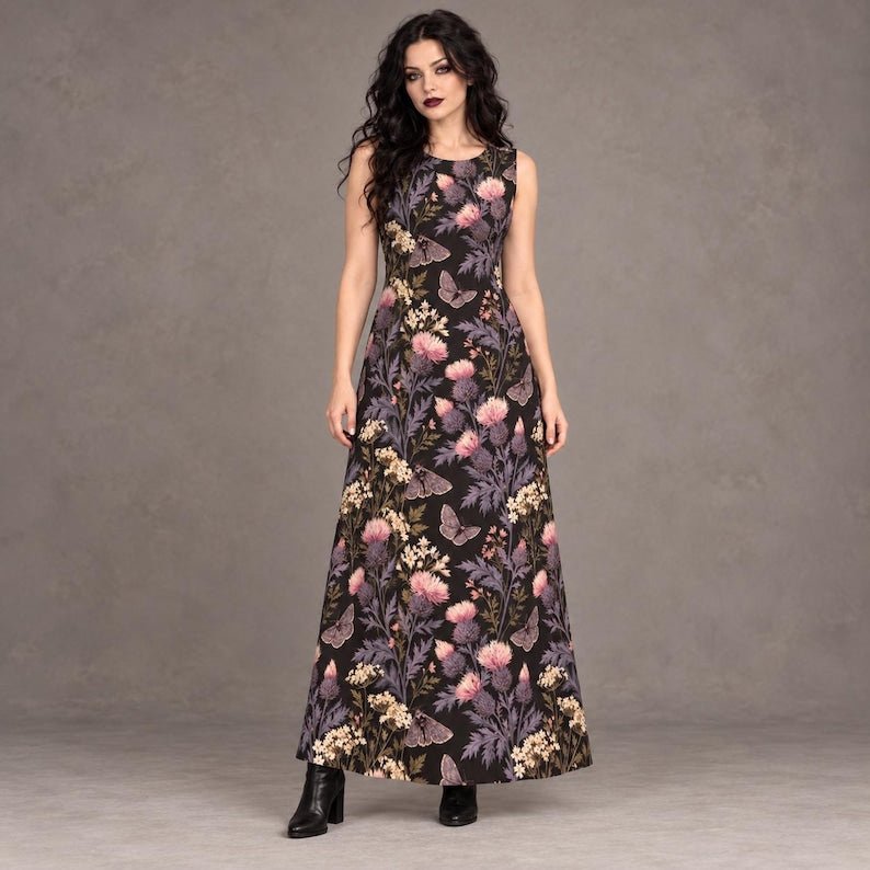 Dark Floral Thistle Midi Dress, Sleeveless Gothic Botanical Dress with Pockets - Cotton
